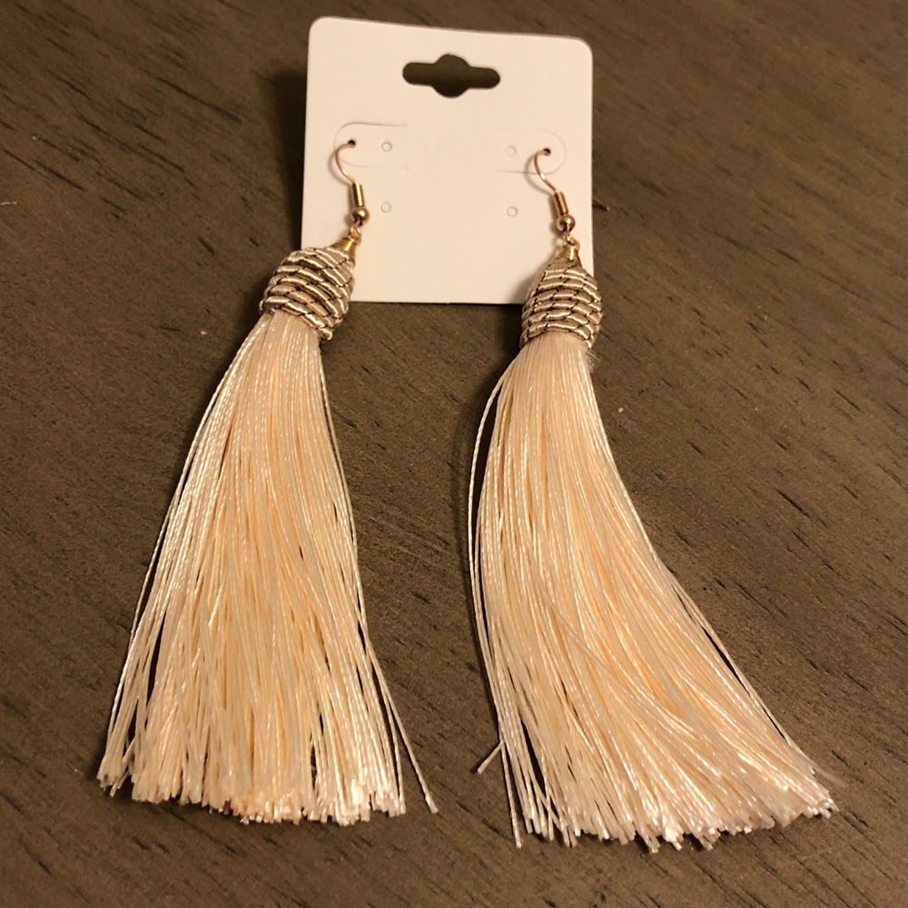Shimmery Cream Silky Tassel Dangle Earrings